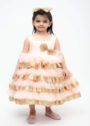 Peach Tulle Gold Sequin Tiered Flower Girl Dress